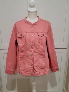 D & Co Pink Denim Collarless Button-Front Jacket | Size 1X